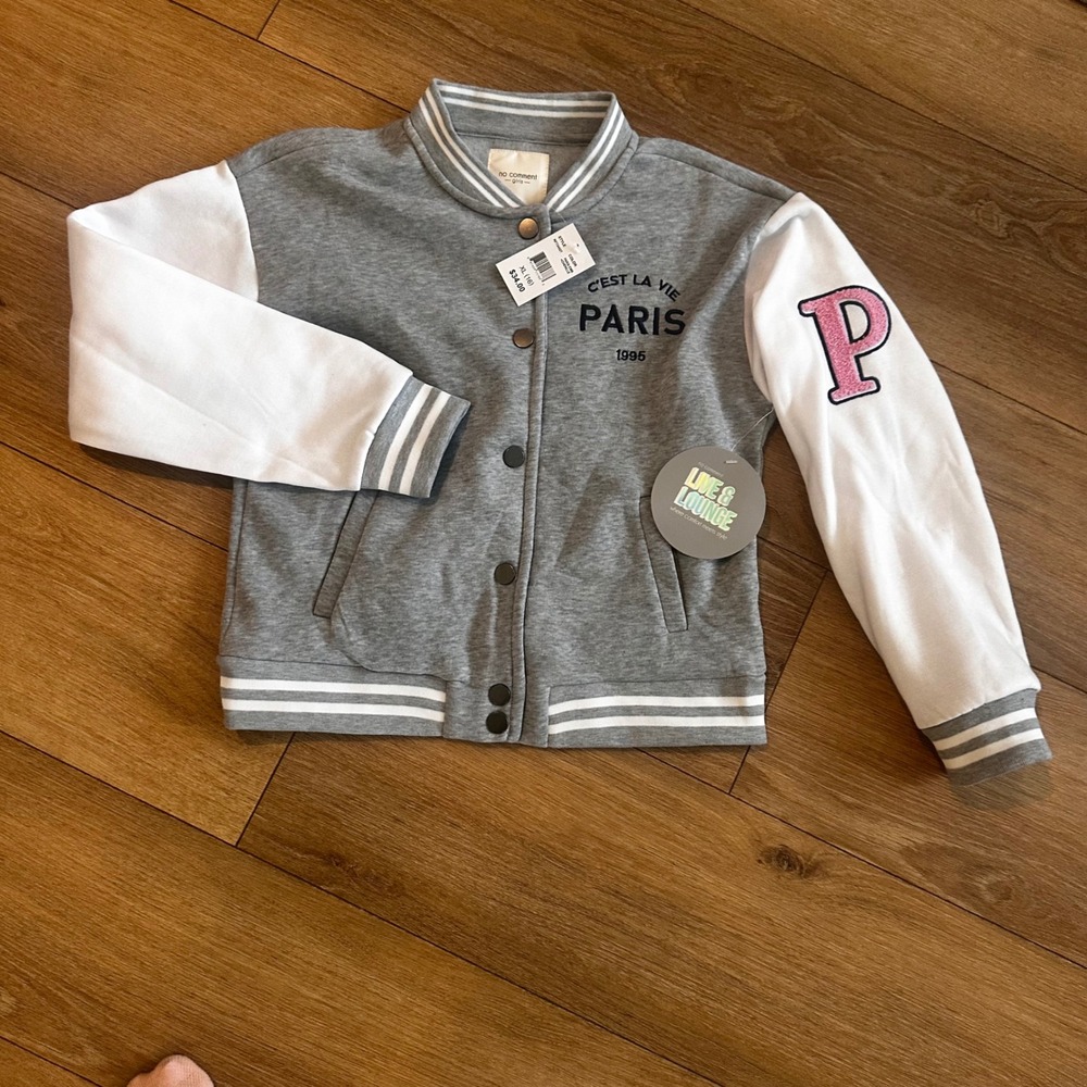 No Comment Girls Paris Varsity Jacket Gray White Chenille Patch XL 16 RF734027